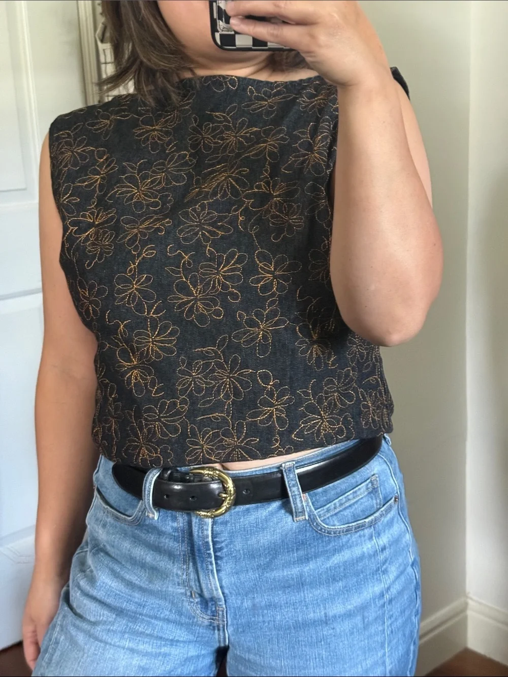 Classic Denim Vintage K&R Cropped Zip Back Top with Embroidered. M